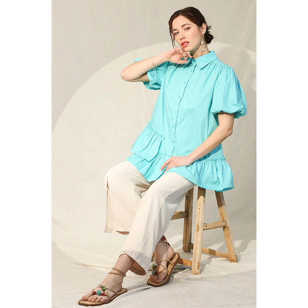 TS2034S GiGio Solid Poplin Bubble Sleeve Unbalance Ruffle Detail Shirt Var Sizes